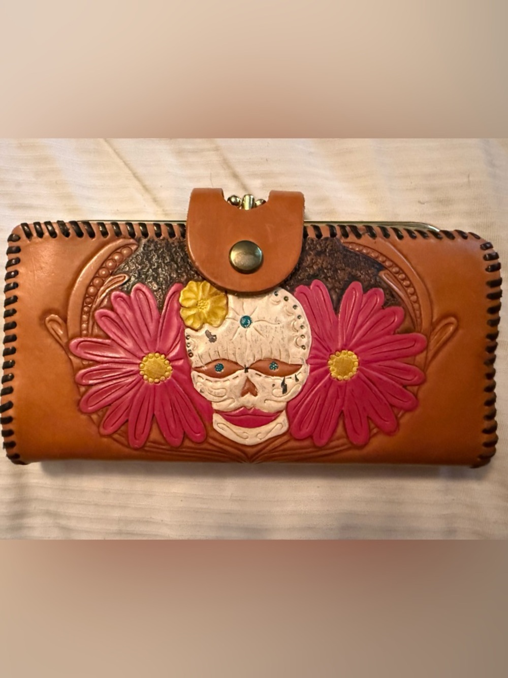 Leather Floral Sugar Skull Wallet - Pink & Brown